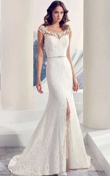Floor-Length Square Split-Front Jeweled Lace Wedding Dress