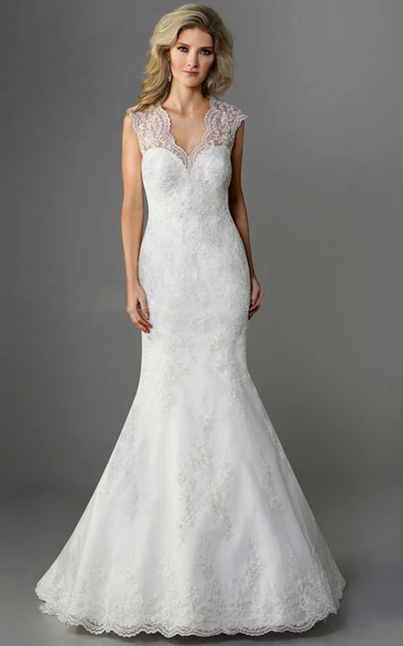 V-Neck Cap-Sleeved Mermaid Gown With Keyhole Back And Appliques