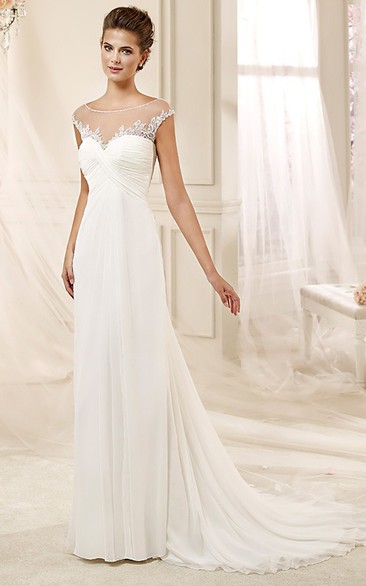 Jewel-Neck Draping Chiffon Wedding Dress With Illusive Neckline And Pleated Bust