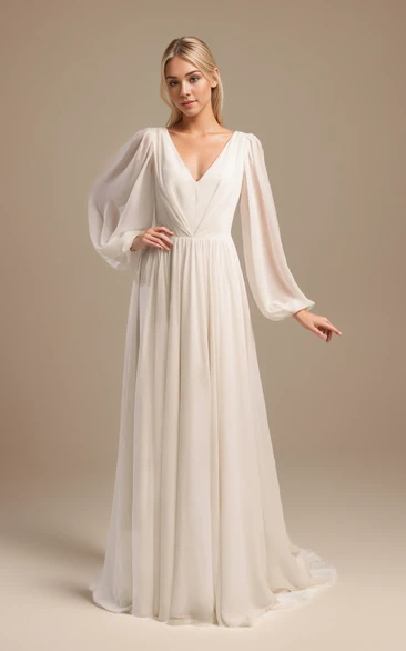 Long Sleeve Floor-length V-neck A-Line Simple Elegant Solid Plus Size Wedding Bride Dress with Train Deep-V Back