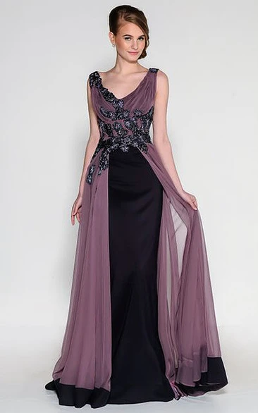 V-Neck Ruched Sleeveless Floor-Length Satin&Tulle Prom Dress With Beading