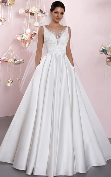 Ball-Gown Bateau Lace Sleeveless Floor-Length Satin Wedding Dress With Deep-V Back And Pleats