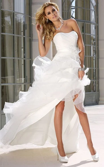 Strapless Asymmetrical Ruffled Satin Wedding Dress With Ruching