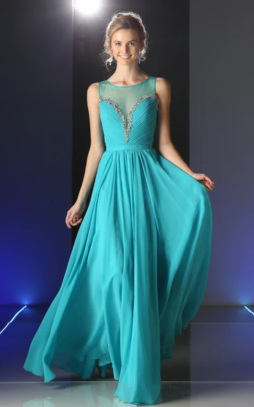 A-Line Long Scoop-Neck Sleeveless Chiffon Illusion Dress With Ruching And Beading
