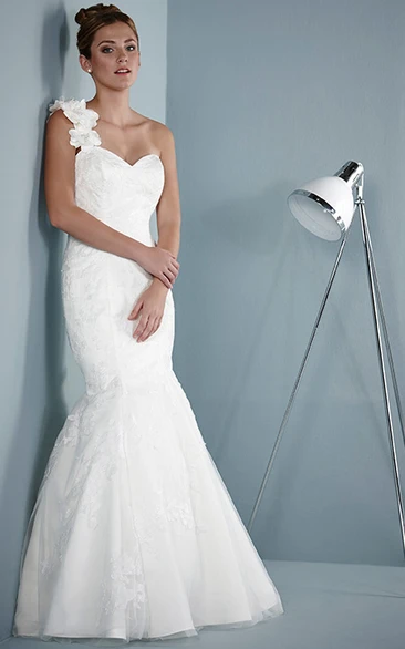 Sheath Long Floral Sleeveless One-Shoulder Satin Wedding Dress With Corset Back And Appliques