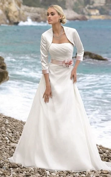 A-Line 3-4-Sleeve Draped Long Strapless Tulle&Satin Wedding Dress With Flower And Cape