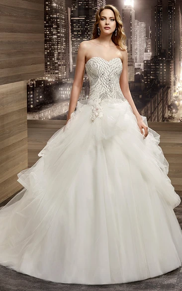 Sweetheart Lace-Up A-Line Bridal Gown With Beaded Bodice And Asymmetrical Ruching Of Overlayer