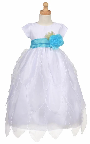 Tiered Cap-Sleeve Organza&Taffeta Flower Girl Dress