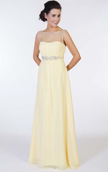 A-Line Scoop-Neck Floor-Length Sleeveless Beaded Chiffon Prom Dress With Waist Jewellery