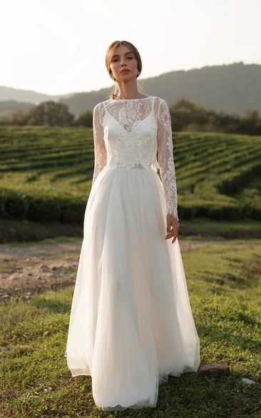 Bateau Neck Two-piece A-Line Tulle Lace Elegant Long Sleeve Wedding Bride Dress with Sweep Train Button Back