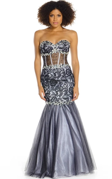 Mermaid Maxi Sleeveless Sweetheart Beaded Tulle&Satin Prom Dress With Lace
