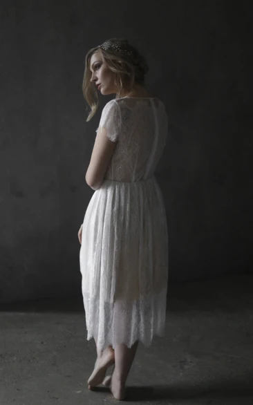 Simple Bohemian Lace Tea-length Wedding Dress With Zipper