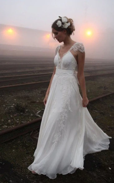 A Line V-neck Chiffon Lace Open Back Wedding Gown