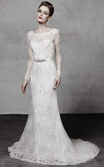 Scoop Long Jeweled Sleeveless Lace Wedding Dress