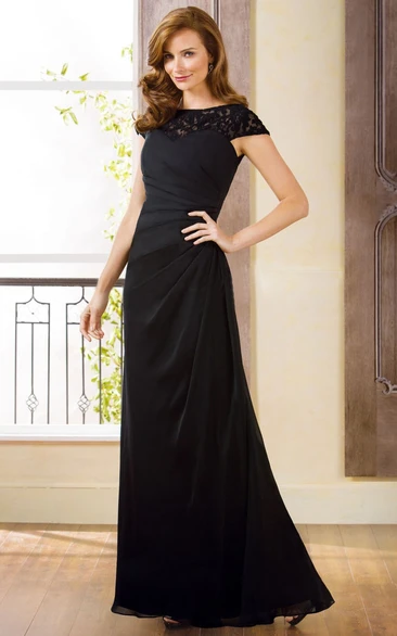 Cap-Sleeved Bateau-Neck Long Mother Of The Bride Dress With Lace Detail