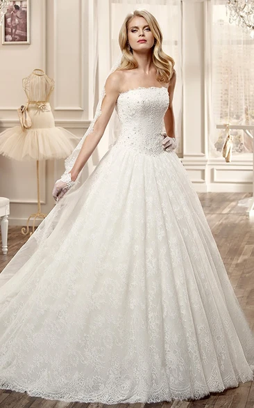 Strapless A-Line Wedding Dress With Pleated Skirt And Beaded Bodice