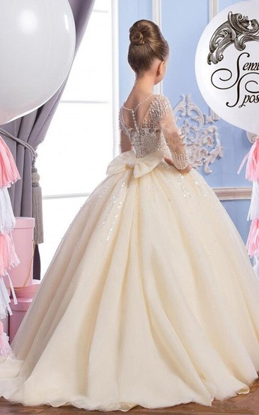 Tulle Scoop Long-Sleeve Beading Flower Girl Dress with Bow