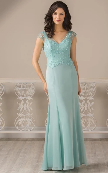 V-Neck Cap-Sleeved Long Mother Of The Bride Dress With Pleats And Appliques