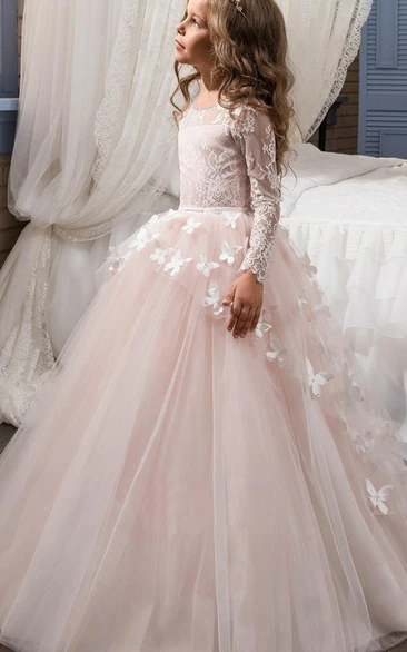 Tulle and Lace Bateau Long Sleeves Appliqued Ruched Flower Girl Dress
