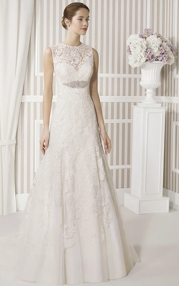 A-Line Floor-Length Sleeveless Appliqued Jewel Lace Wedding Dress With Waist Jewellery And Keyhole Back