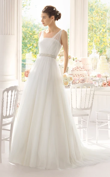 Sleeveless Illusion Straps Long Tulle Dress With Beadings