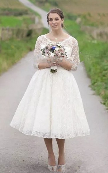 Short Tea Length White Wedding Dresses Lace Bridal Gowns Plus Size 3/4 Sleeves 