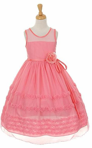 Tea-Length Embroideried Floral Tiered Flower Girl Dress With Sash