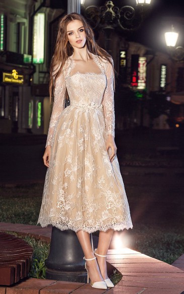 A-Line Tea-Length Strapless Long Sleeve Lace Illusion Dress With Appliques And Pleats