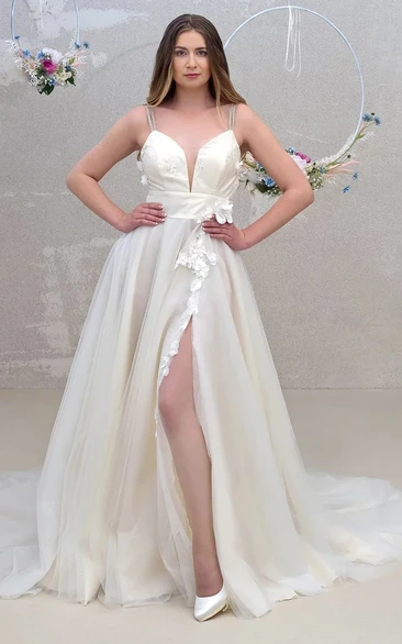 Romantic A Line Sleeveless Floor-length Tulle Open Back Wedding Dress with Split Front