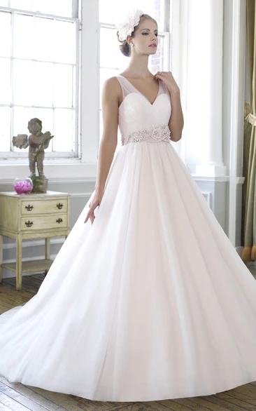 V-Neck Maxi Floral Tulle Wedding Dress With Court Train And V Back