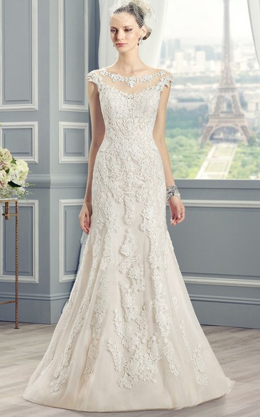 Sheath Scoop-Neck Long-Sleeveless Jeweled Lace Wedding Dress With Appliques And Deep-V Back