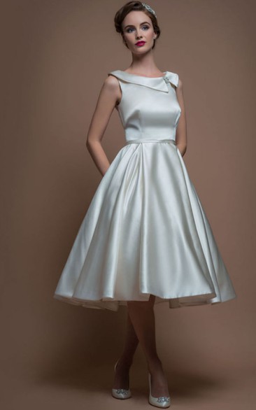A-Line Sleeveless Tea-Length Bateau-Neck Satin Wedding Dress With Broach
