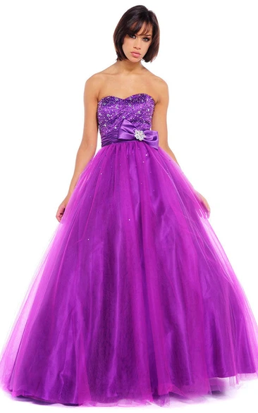 Floor-Length Ball Gown Sleeveless Beaded Sweetheart Tulle Prom Dress