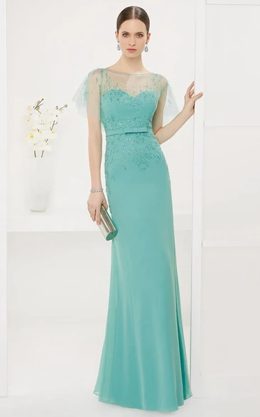Bateau Sheath Chiffon Long Prom Dress With Tulle Batwing Sleeve And Crystals