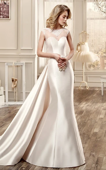 Sweetheart Cap-Sleeve Satin Wedding Dress With Large Back Bow And Illusive Back