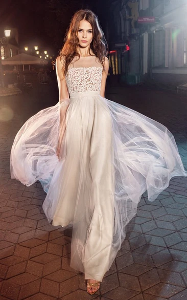 A-Line Scoop-Neck Sleeveless Tulle Illusion Dress With Appliques