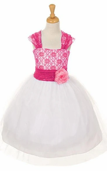 Tea-Length Criss-Cross Floral Tulle&Lace Flower Girl Dress With Straps
