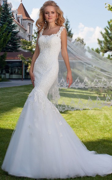 Mermaid Sleeveless Square Appliqued Floor-Length Lace&Tulle Wedding Dress With Illusion Back And Chapel Train
