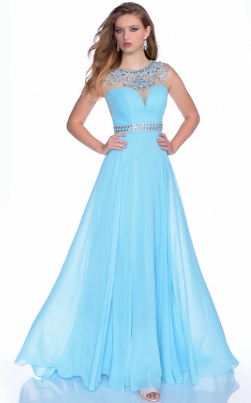 Jewel Neck Chiffon Sleeveless A-Line Prom Dress With Beaded Waist