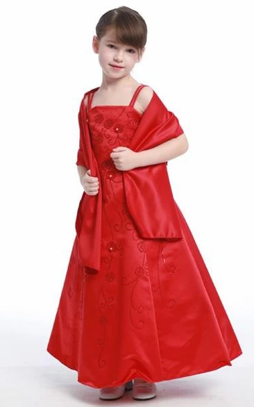 Floral Ankle-Length Beaded Floral Sequins&Satin Flower Girl Dress With Straps