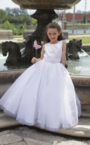 Flower Girl Taffeta Top Tulle Ball Gown With Pearl Waist