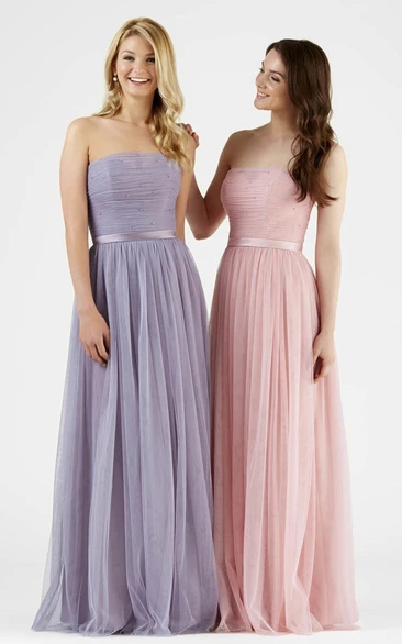 Strapless Ruched Tulle Bridesmaid Dress With Beading And Ribbon