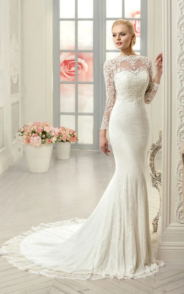 Sheath Long Jewel Long-Sleeve Illusion Lace Dress With Appliques