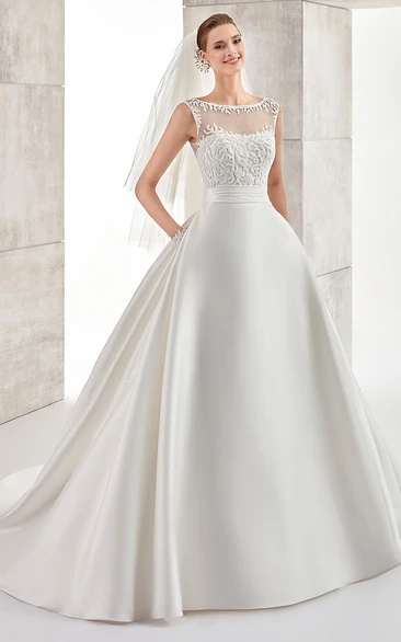 Jewel-Neck Cap-Sleeve A-Line Illusive Wedding Dress With Lace Bodice And Satin Skirt