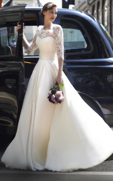 A-Line Half-Sleeve Long High Neck Tulle Wedding Dress With Lace