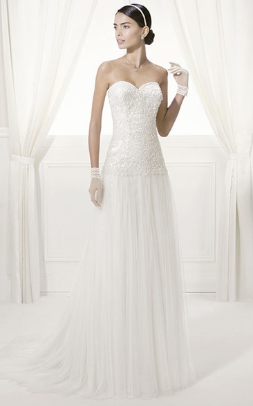 Backless Sweetheart Lace Top Tulle Bridal Gown With Drop Waist