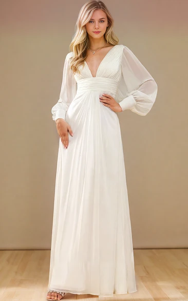 Long Sleeve Simple Casual Sexy V Neck Sheath Empire Floor-length Wedding Dress