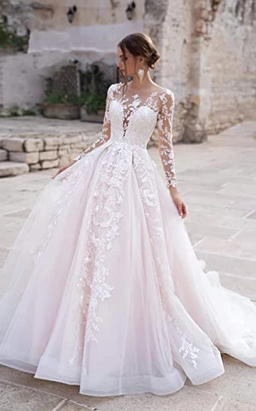 Elegant Lace A-Line Wedding Dress with Plunging Neckline and Illusion Sleeves Beach Wedding Dress