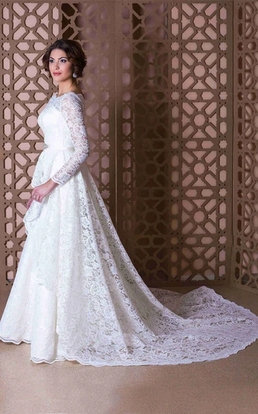 Floor-Length Scoop Long-Sleeve Bowed Lace Wedding Dress