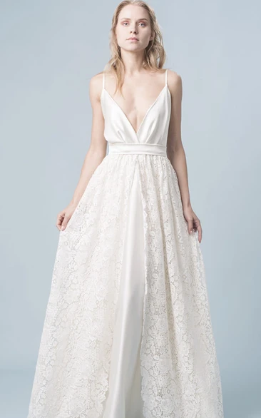 Casual A Line Lace Plunging Neckline Floor-length Sleeveless Wedding Dress With Ruching